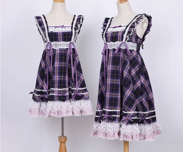 Miaoplus - Sweet Lolita Plaid JSK Multicolors Lucky Bag plaid SK lucky bag- XS black-purple plaid long JSK