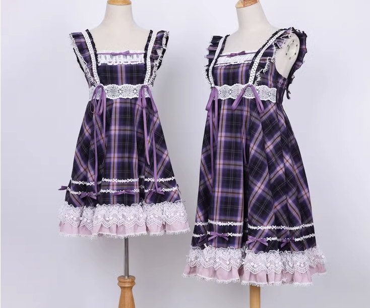 Miaoplus~Sweet Lolita Plaid JSK Multicolors plaid dress XS black-purple plaid long type free size 