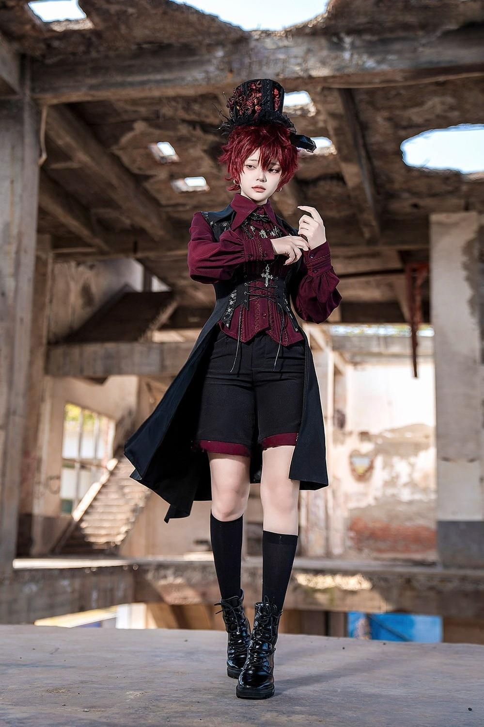 Princess Chronicles~Red and Black 4.0~Ouji Lolita Shorts Outfit Long Vest Prince Blouse