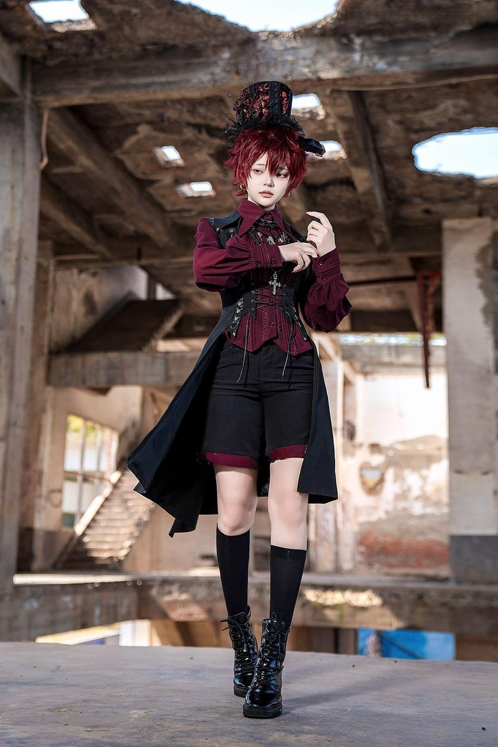 Princess Chronicles - Red and Black 4.0 - Ouji Lolita Shorts Outfit Long Vest Prince Blouse
