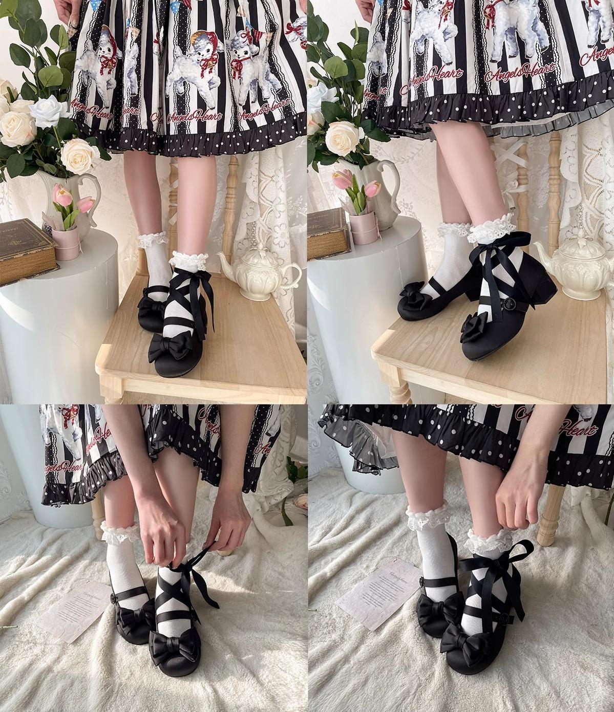 MODO~Sissi~Sweet Lolita Shoes Satin Low Chunky Heels with Bow 42594:749206
