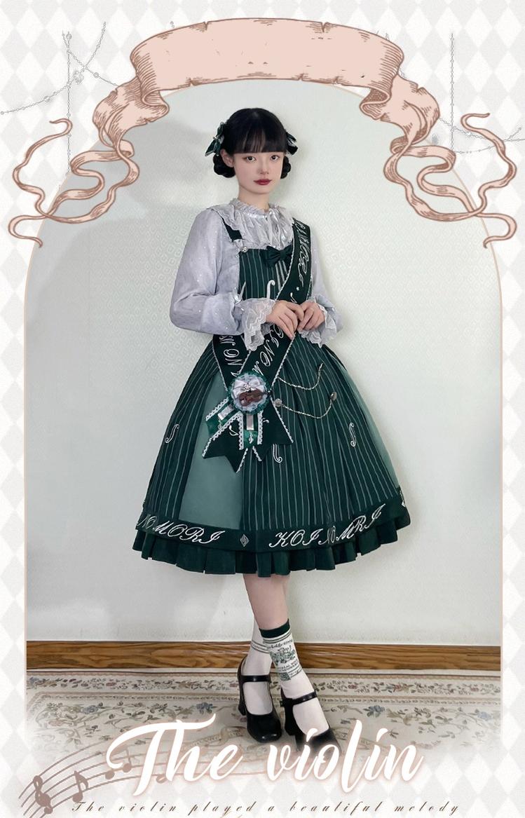 Forest Fluorescent Carps - Classic Lolita Salopette Set Violin Preppy Style Dress S Side clips(blue/brown email us for the color)