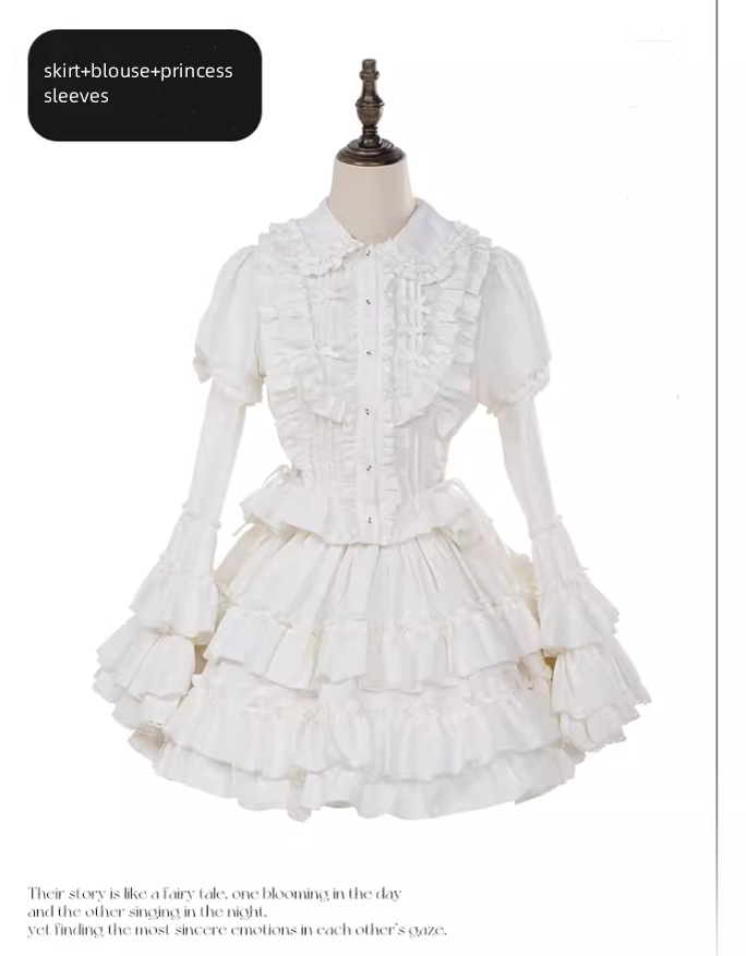 Mewroco~Nightingale and Rose~Gothic Lolita Dress Princess Sleeve Blouse and Skirt Set S white skirt set (skirt+blouse+a pair of princess sleeves) - polyester and cotton version 