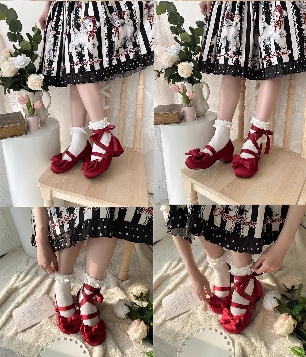 MODO~Sissi~Sweet Lolita Shoes Satin Low Chunky Heels with Bow 42594:749215
