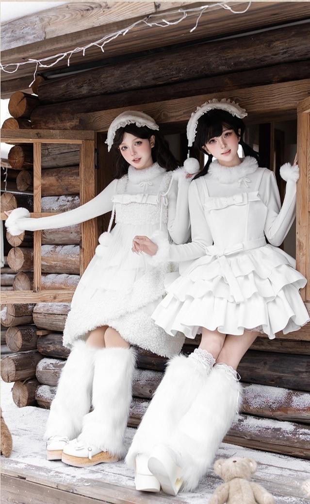 With PUJI - White Choco - Winter Kawaii Lolita JSK Dress Set, Fluffy Accents 44246:801121