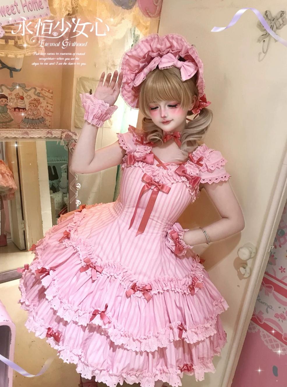 Eternal Girlhood - Six-Panel Old School Lolita Striped JSK & OP, Bow Accents 45811:863034