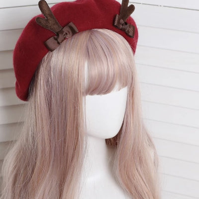 Xiaogui~Kawaii Lolita Deer Horn Beret Christmas Multicolors M dark red 