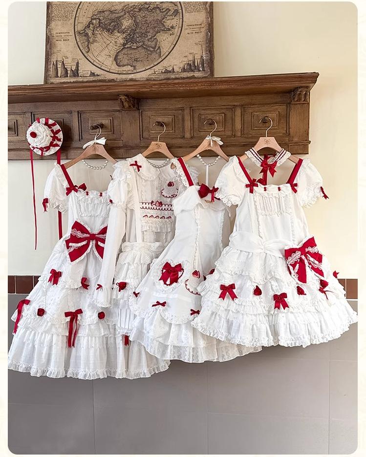 Mademoiselle Pearl - Cup Cake - White, Red Bow, Sweet Lolita Dress Set 43333:773877