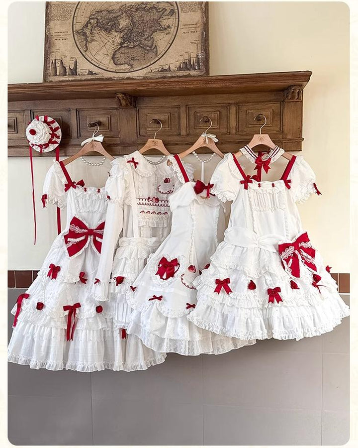 Mademoiselle Pearl - Cup Cake - White, Red Bow, Sweet Lolita Dress Set 43333:773877