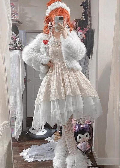 Urtto~Snow Song~Winter Lolita Coat Faux Fur Warm Plush Set   