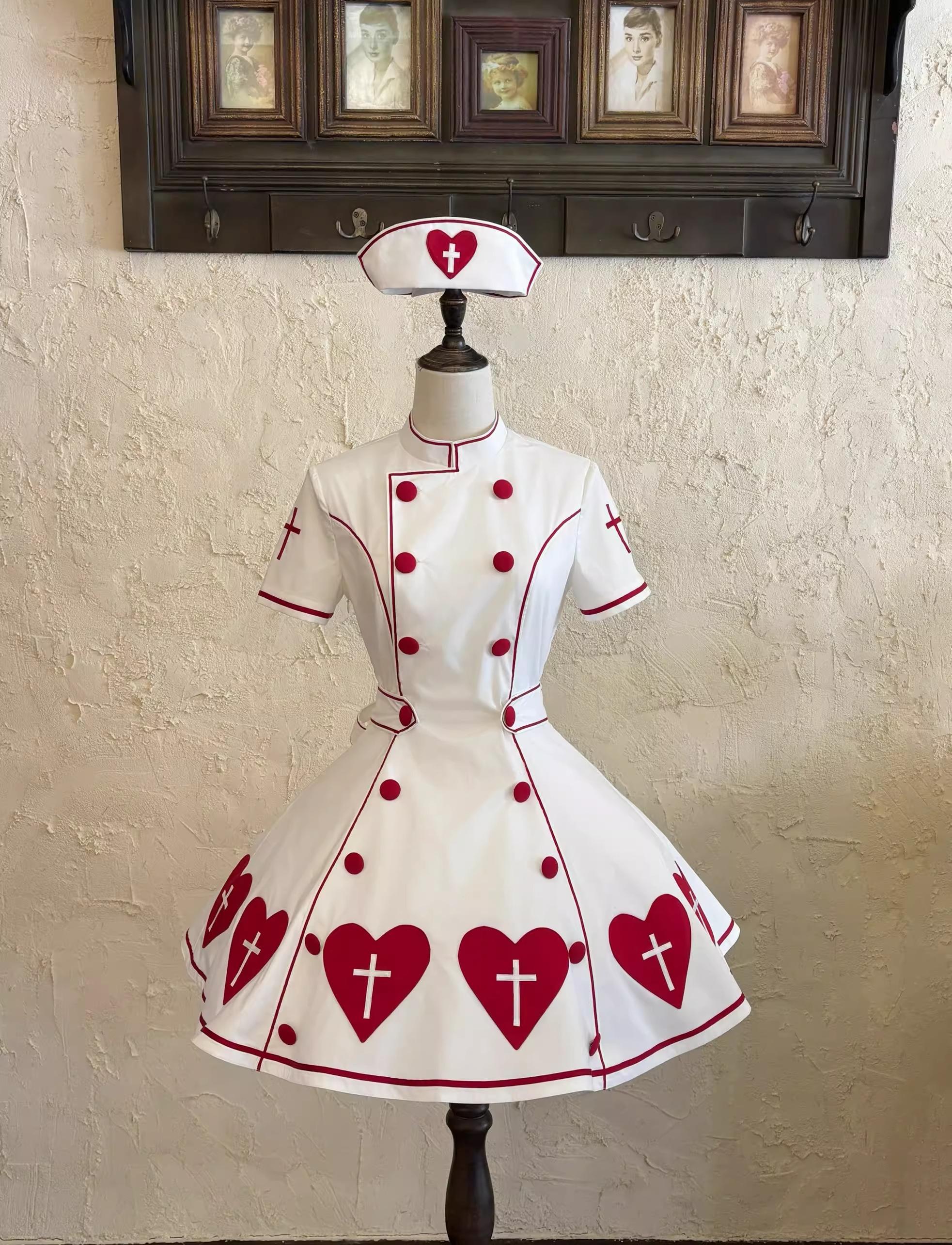 Sweet Heart Hospital - Old School Lolita Stand Collar OP Dress, Heart-cross Patches (L M S XL XS) 45178:838374