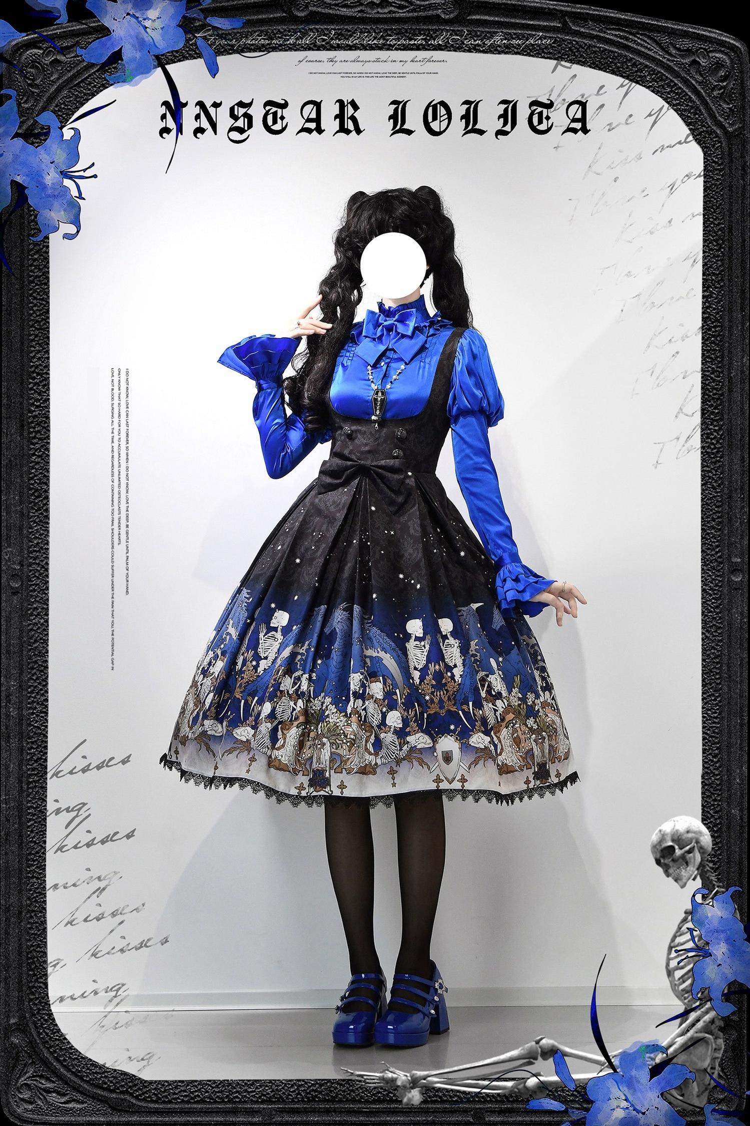 Nn Star - Dragonbone Lily - Dragon Skeleton Print Gothic Lolita Bust-supporting JSK and BNT 42664:748598