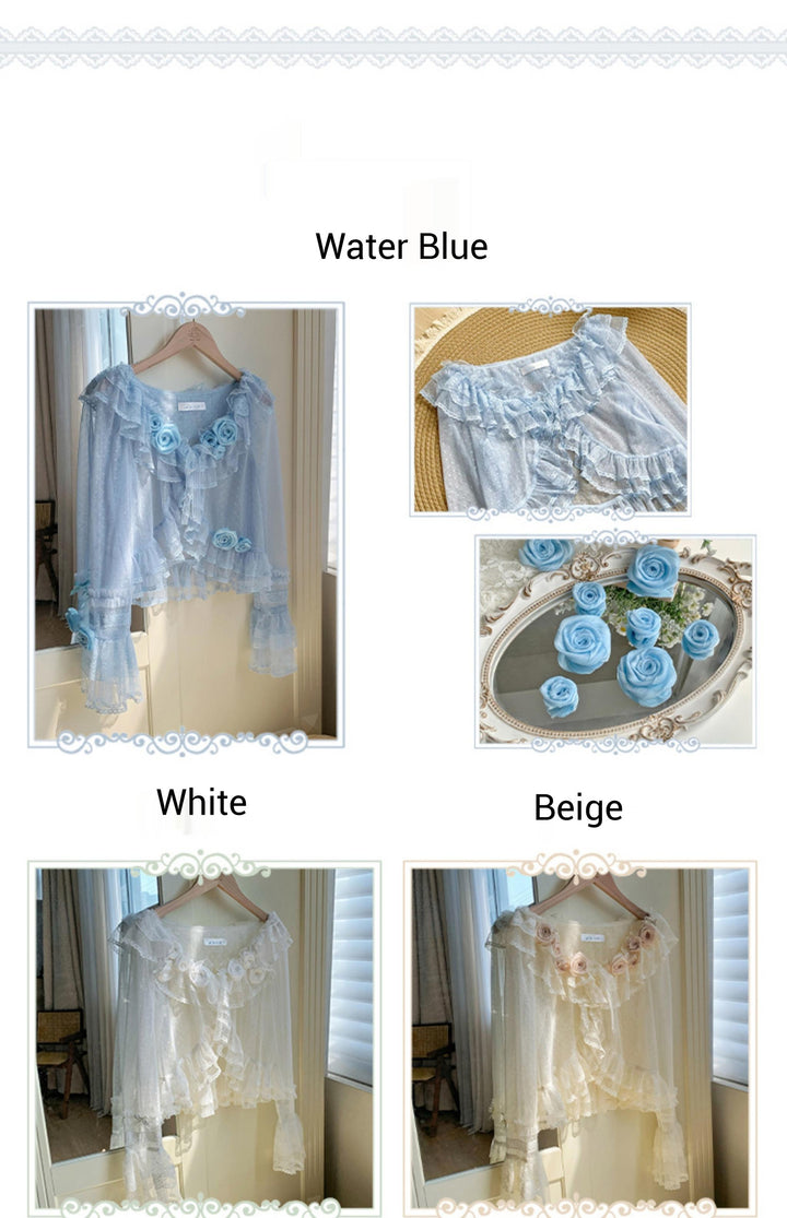 With PUJI~Flower Visage~Summer Lolita Sheer Cardigan with Rose Brooch 42927:758775