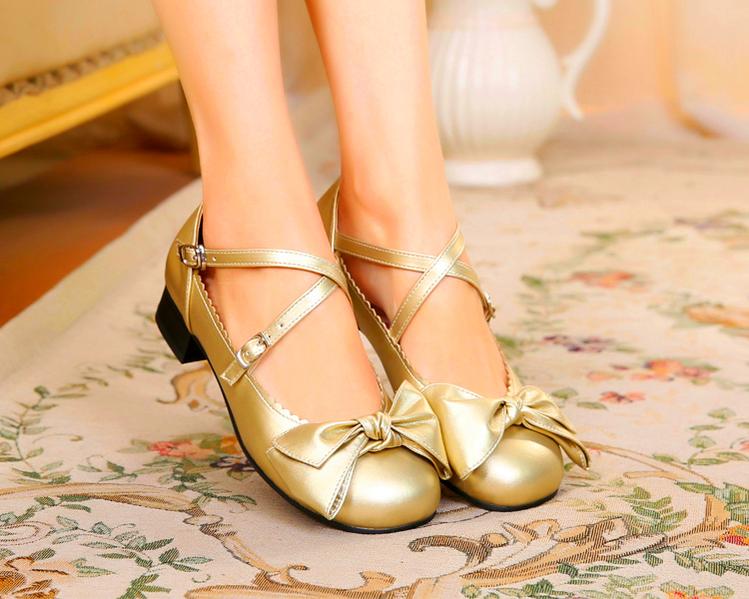 Sosic~Bow and Low Heel Cross Band Lolita Leather Shoes   