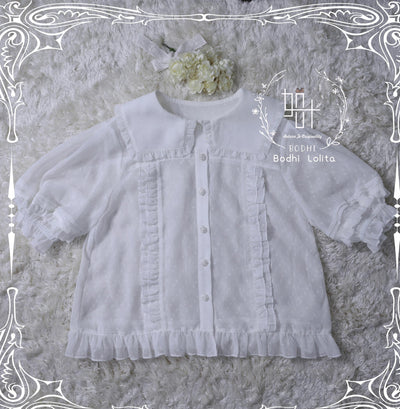 Bodhi Lolita~White Lolita Shirt Chiffon Square Collar Short Sleeve Blouse Free size  
