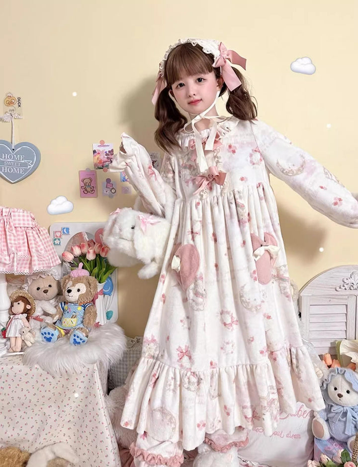 Baduoni~Starry With Moon~Winter Sweet Lolita Nightgown Dress Flannel Dree with Pants