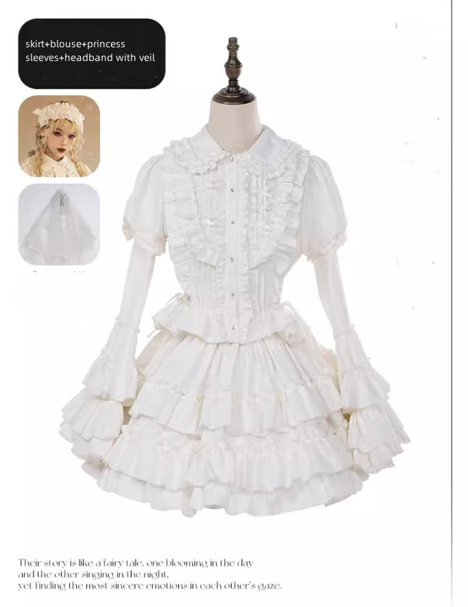 Mewroco~Nightingale and Rose~Gothic Lolita Dress Princess Sleeve Blouse and Skirt Set S white skirt set (skirt+blouse+a pair of princess sleeves) +headband - polyester and cotton version 