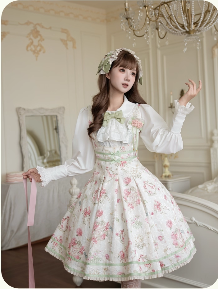 Hydrangea Tea Party - Classic Lolita Bust Supporting JSK, Mutton Sleeve Shirt White Shirt XS
