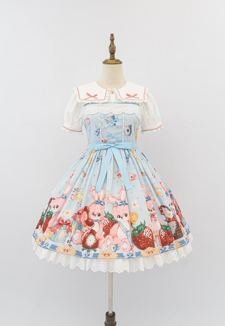 Doll tea party~Showa Rabbit~Kawaii Lolita Dress Summer Sweet Lolita OP JSK S Blue JSK 