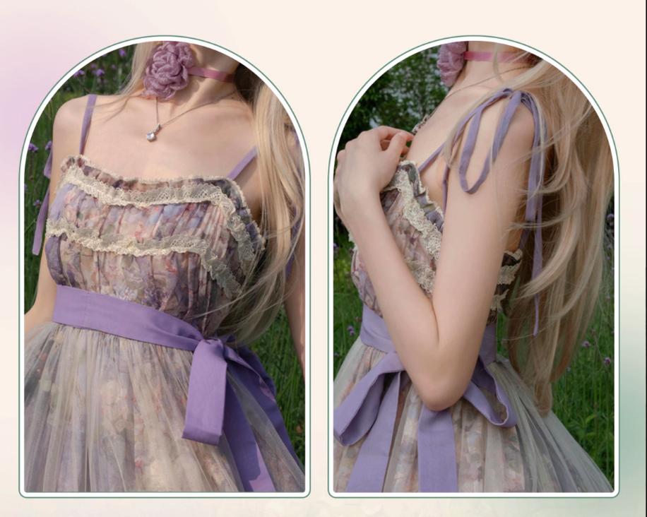 (BFM)Lo-cyan Lolita~Blooming Tree Shade~Sweet Lolita Strap JSK Bow Oil Painting Print Dress   