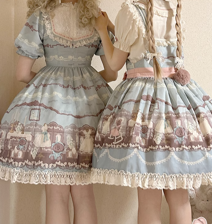 With Puji~Brown Doll House~Kawaii Lolita Brown Print JSK and OP Dress   
