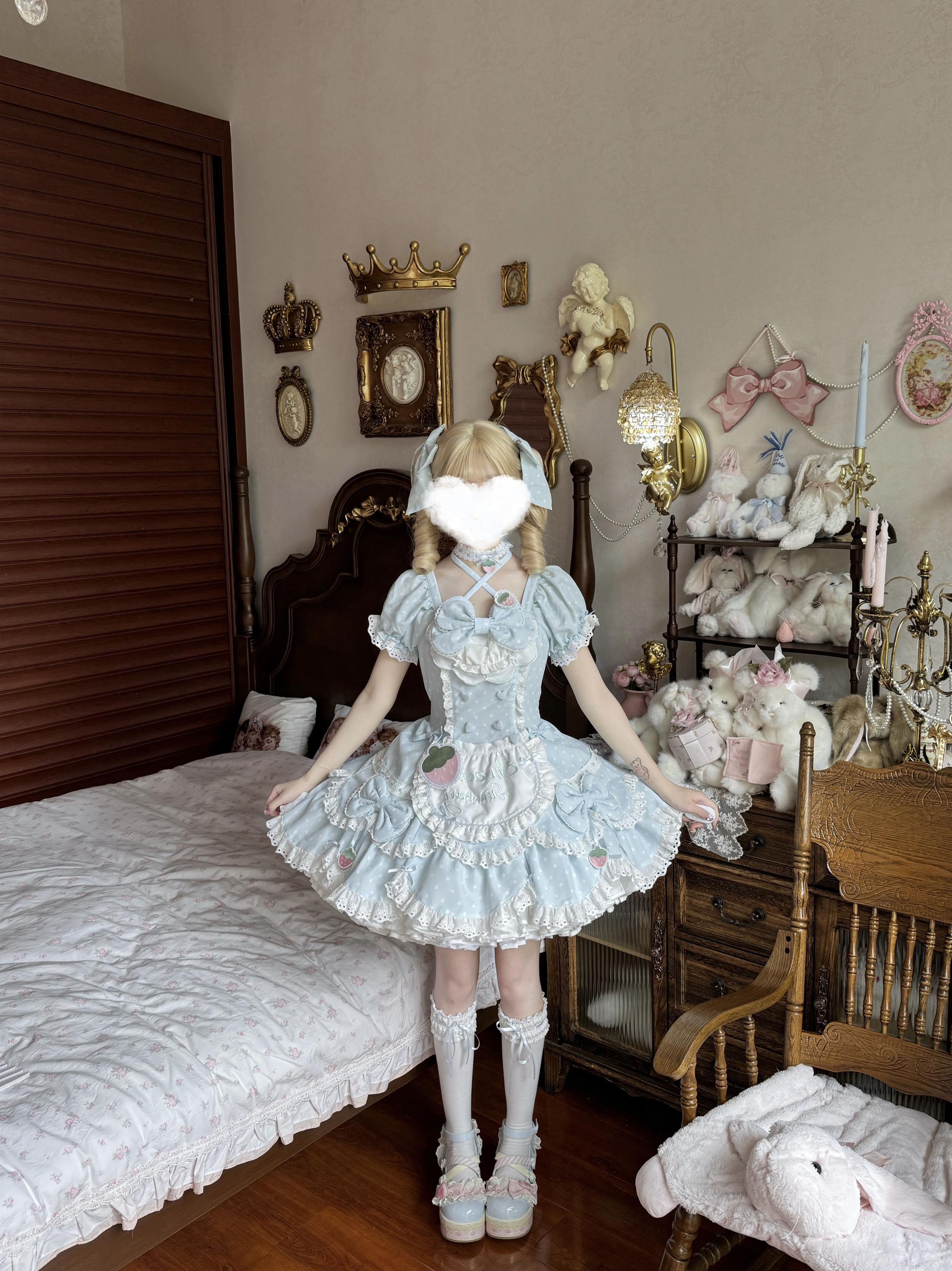 Salty Cream - Strawberry Polka Dot - Sweet Lolita OP Dress, Detachable Apron Water Blue OP Only XS