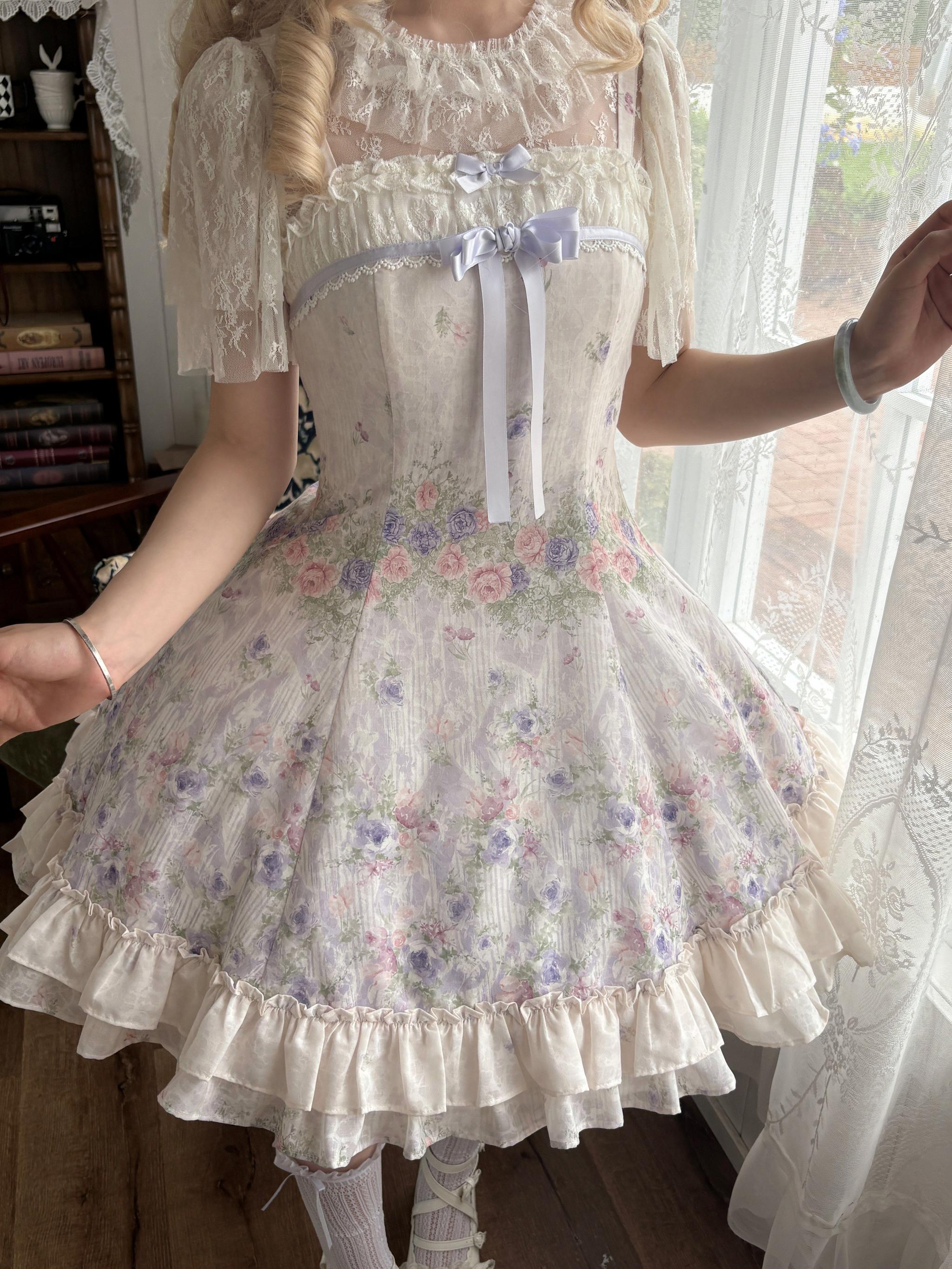 Yuri's Garden - Classic Floral Printed Lolita Dress with Lace 45541:852338