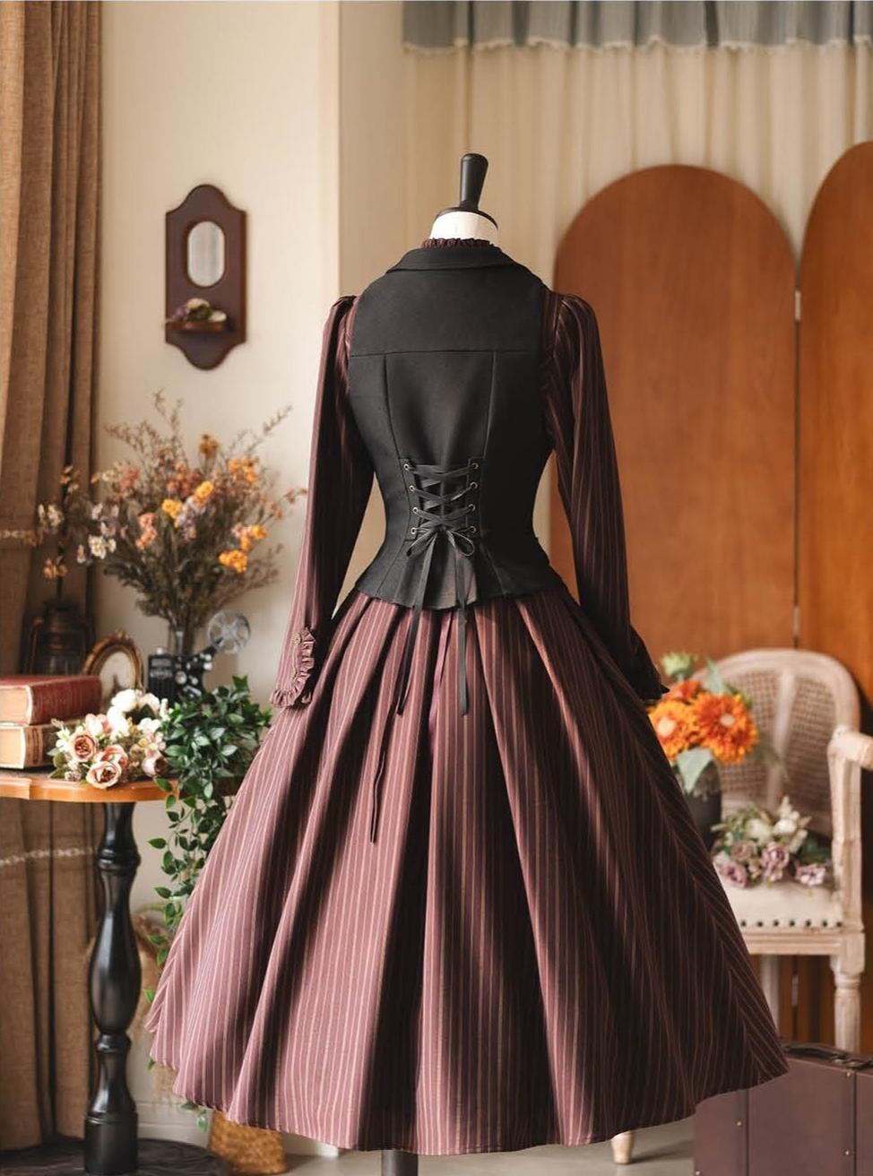 Forest Castle - Classic Lolita Long Striped Dress, Irregular Hem Vest 44441:809859