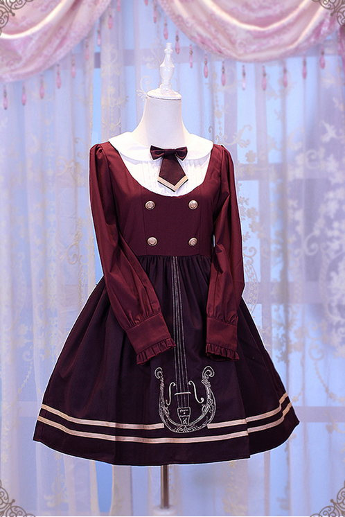 Chess Story~Elegant Lolita Embroidery Preppy Style OP Dress S wine red 
