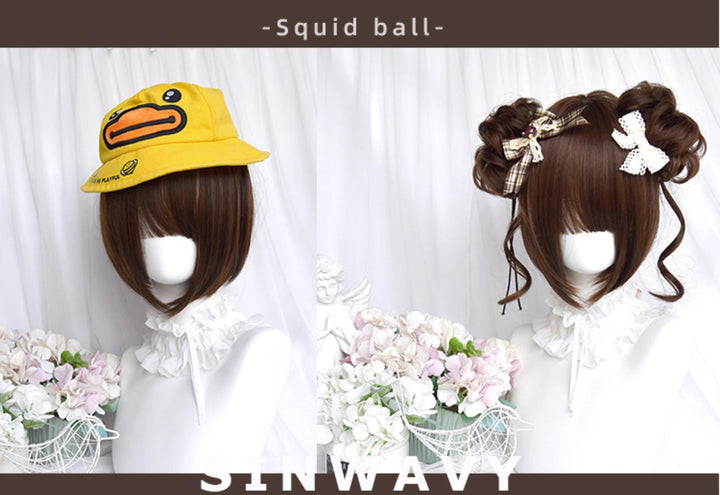 Sinwavy~Kawaii Lolita Brown Wig Cute Bun Ponytail Doll-like Wig   