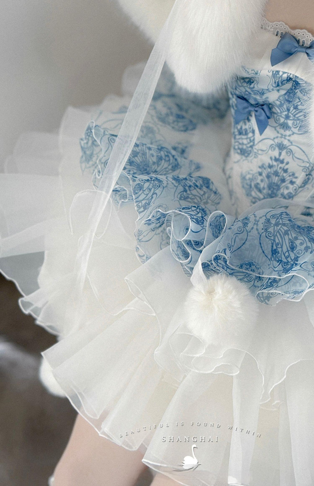 POSHEPOSE~Blue and White Porcelain~Princess Lolita Cake Skirt JSK Dress Plush Cape