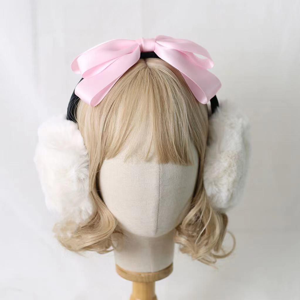 Xiaogui - Winter Lolita Earmuff Bow Plush Earmuff Ear Protector Light Pink