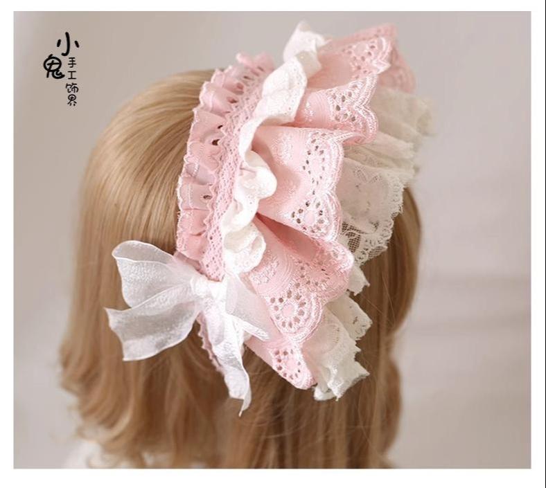 Xiaogui - Sweet Lolita Headdress Pink & White Lace Hairband