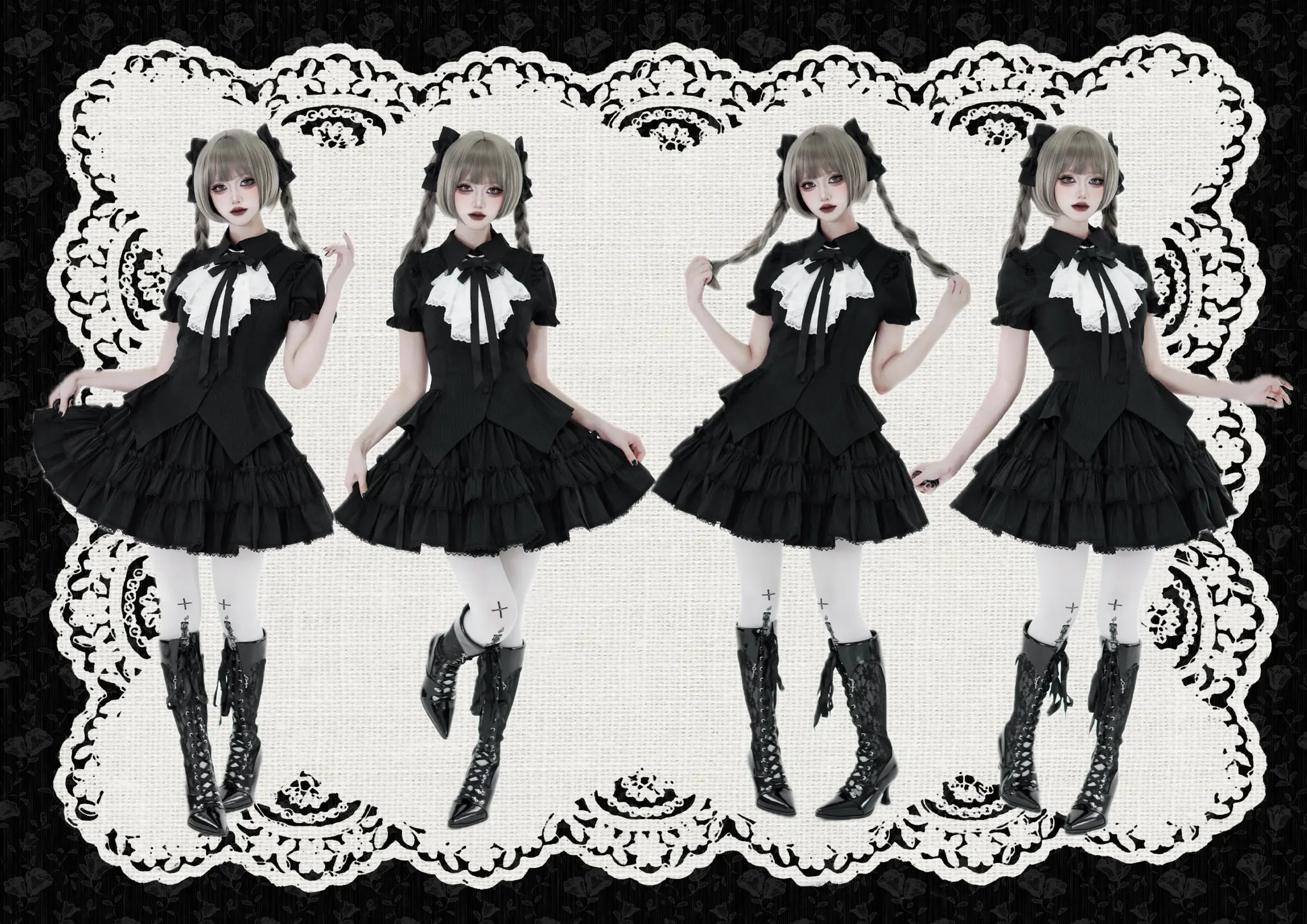 Lyra Nocturne - Gothic Lolita Slanted Placket Shirt Set, Plaid or Striped Black Striped - Short Sleeve Shirt Only (without jabot) XS