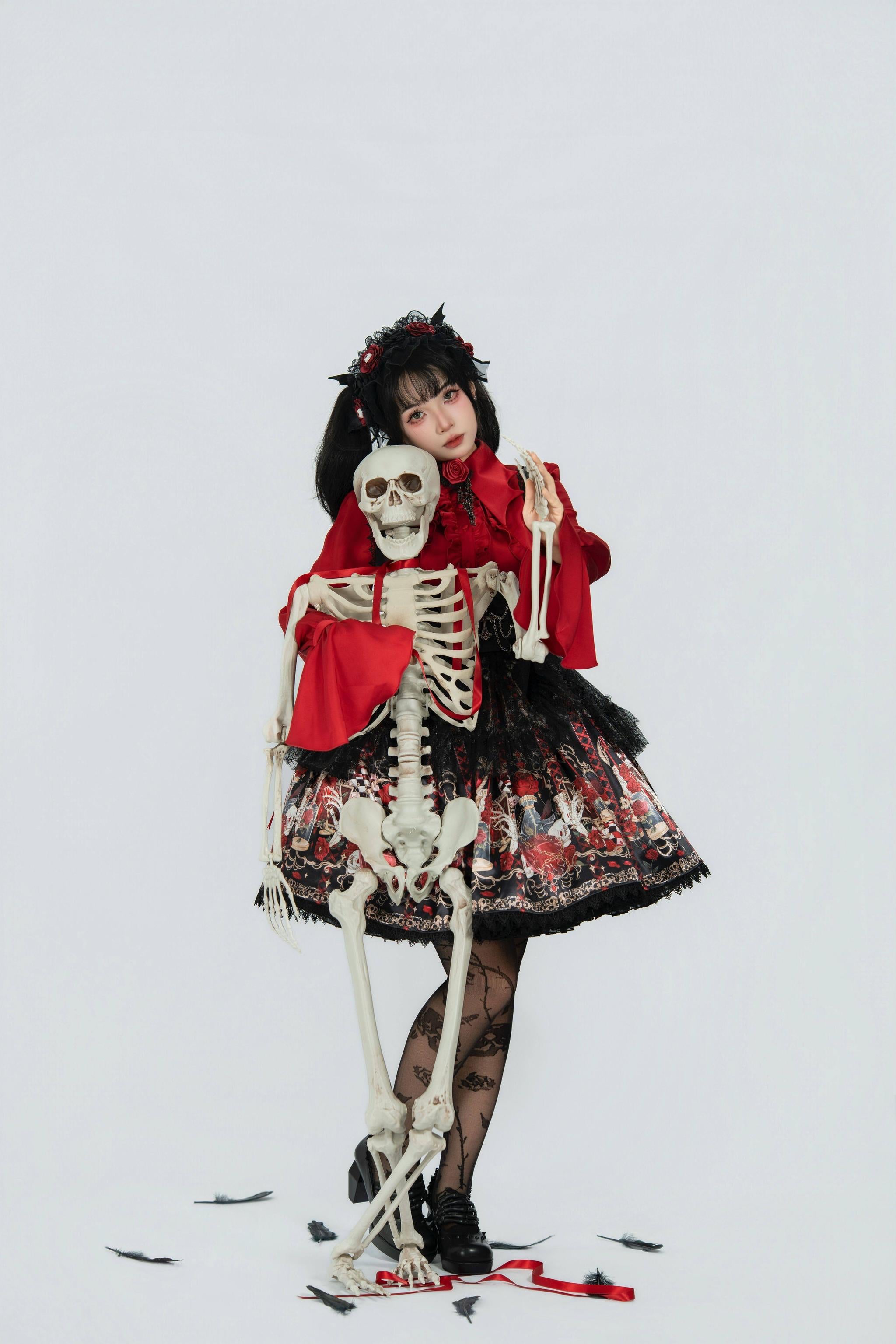 Blood Research Lab - Gothic Lolita JSK Dress, Rose & Skull Print 44449:809027