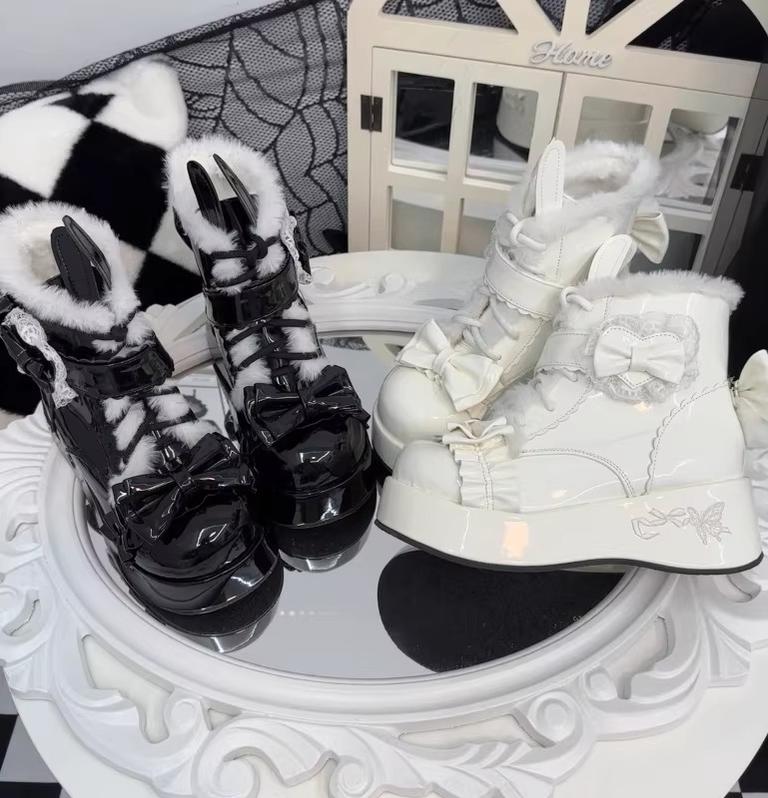 Bunny Tail - Fuzzy Kawaii Lolita Snow Boots, Detachable Plush Bow 44447:808621