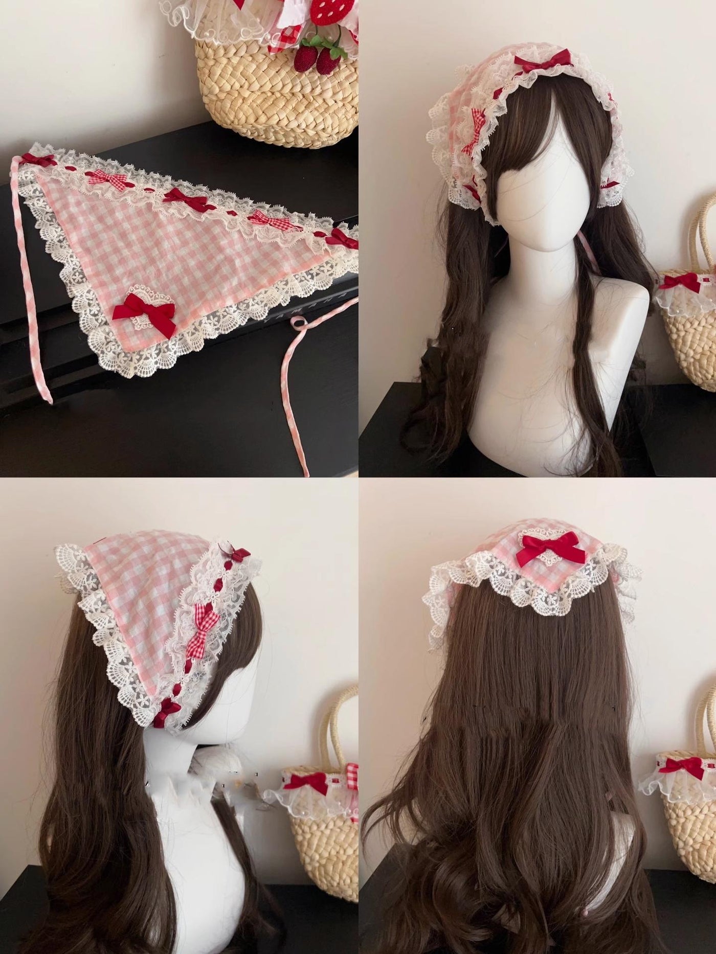 Sugar Girl~Strawberry Tea~Sweet Red Lolita OP Dress Short Sleeve Apron Dress S Pink triangular scarf 