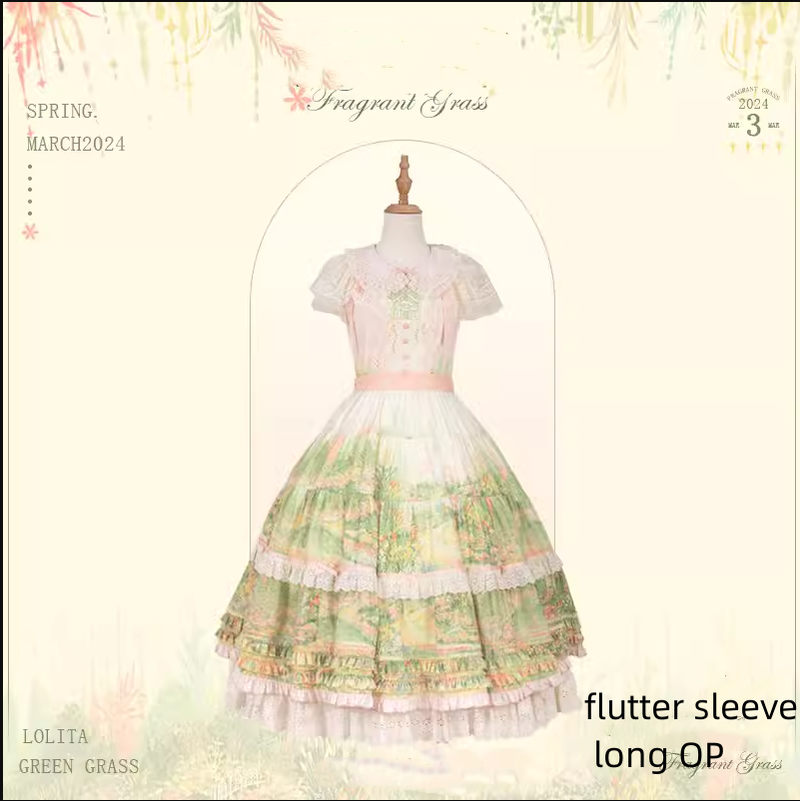 Flower and Pearl Box~Wild Flowers and Fragrant Grass~Country Lolita Dress Floral Print JSK and OP Dress Set (L M S XL XS) 35380:486608