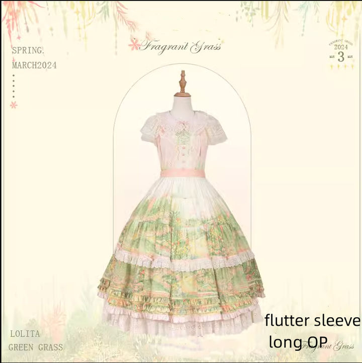 Flower and Pearl Box~Wild Flowers and Fragrant Grass~Country Lolita Dress Floral Print JSK and OP Dress Set (L M S XL XS) 35380:486608