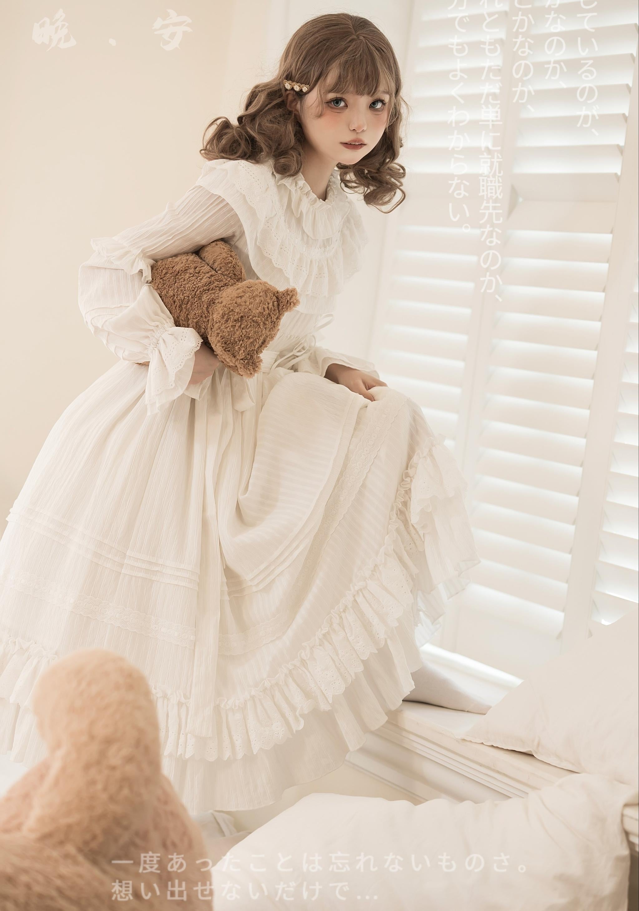 White Goodnight - Doll-like White Long Lolita OP with Ruffles (L M S XS) 45535:852397