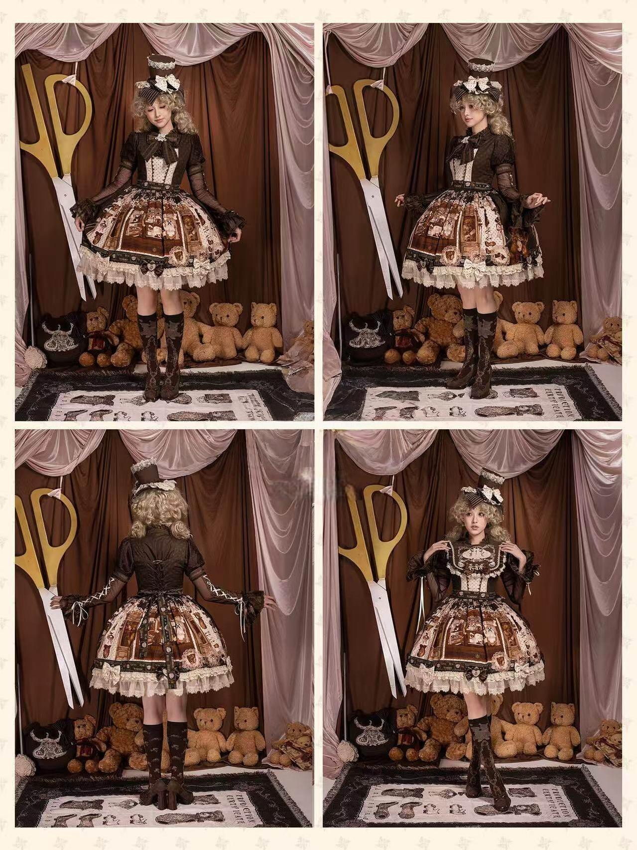 Little Bear Workshop - Cotton Sweet Lolita JSK & OP Dress, Printed Bodice Brown JSK + Waist Tie + Embroidered Fake Collar XS