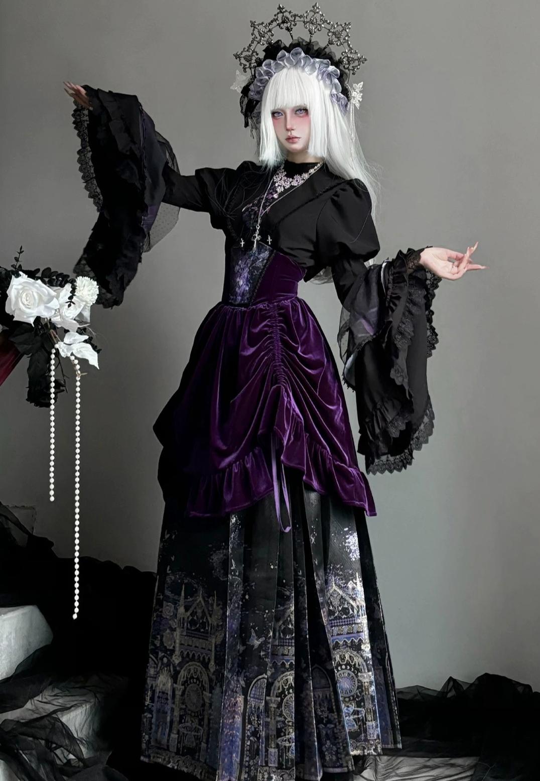 Stellar Orbit Cathedral - Gothic Lolita Hime Sleeve Blouse & Corset & Mamian Skirt Set 45901:867489