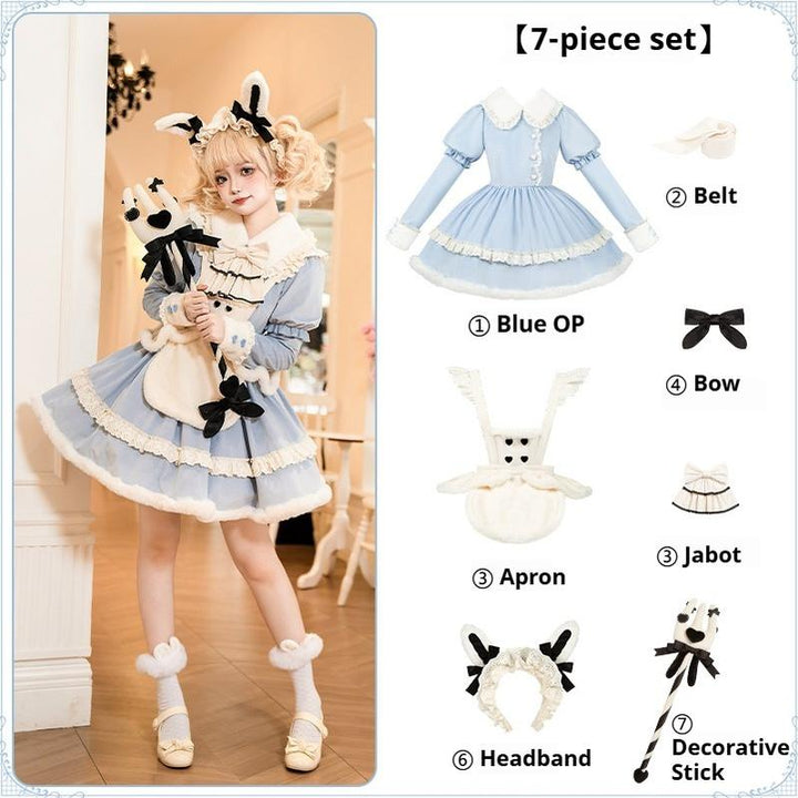 With PUJI~Rabbit&Alice~Sweet Twin Lolita OP Dress Doll Apron Dress Set Blue 7-Piece Set (Blue OP + Belt + Apron + Bow + Jabot + Headband/Clips + Decorative Stick) S