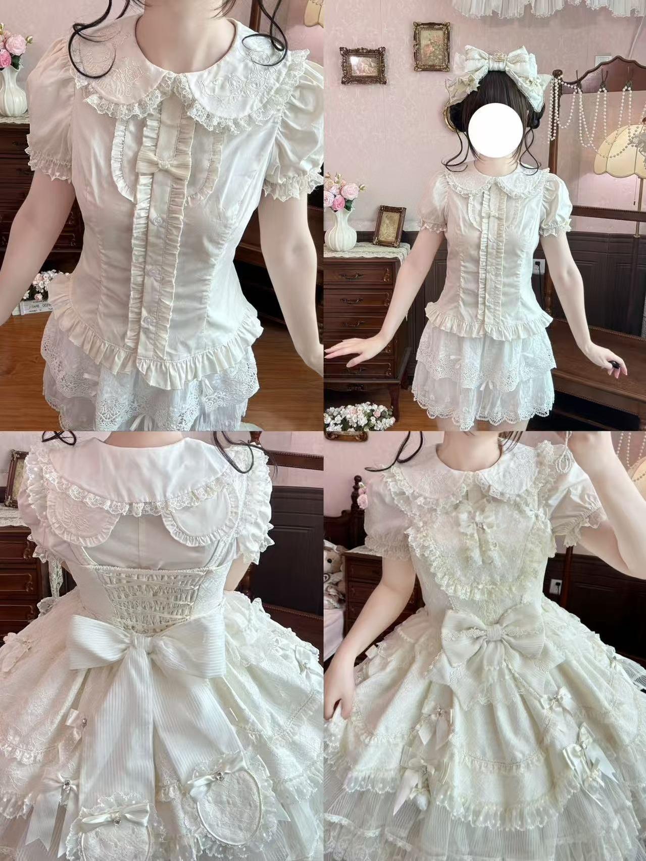 Bunny Bear Cream - Cotton Sweet Lolita Blouse, Peter-pan Collar with Ear (L M S XL) 45832:864438