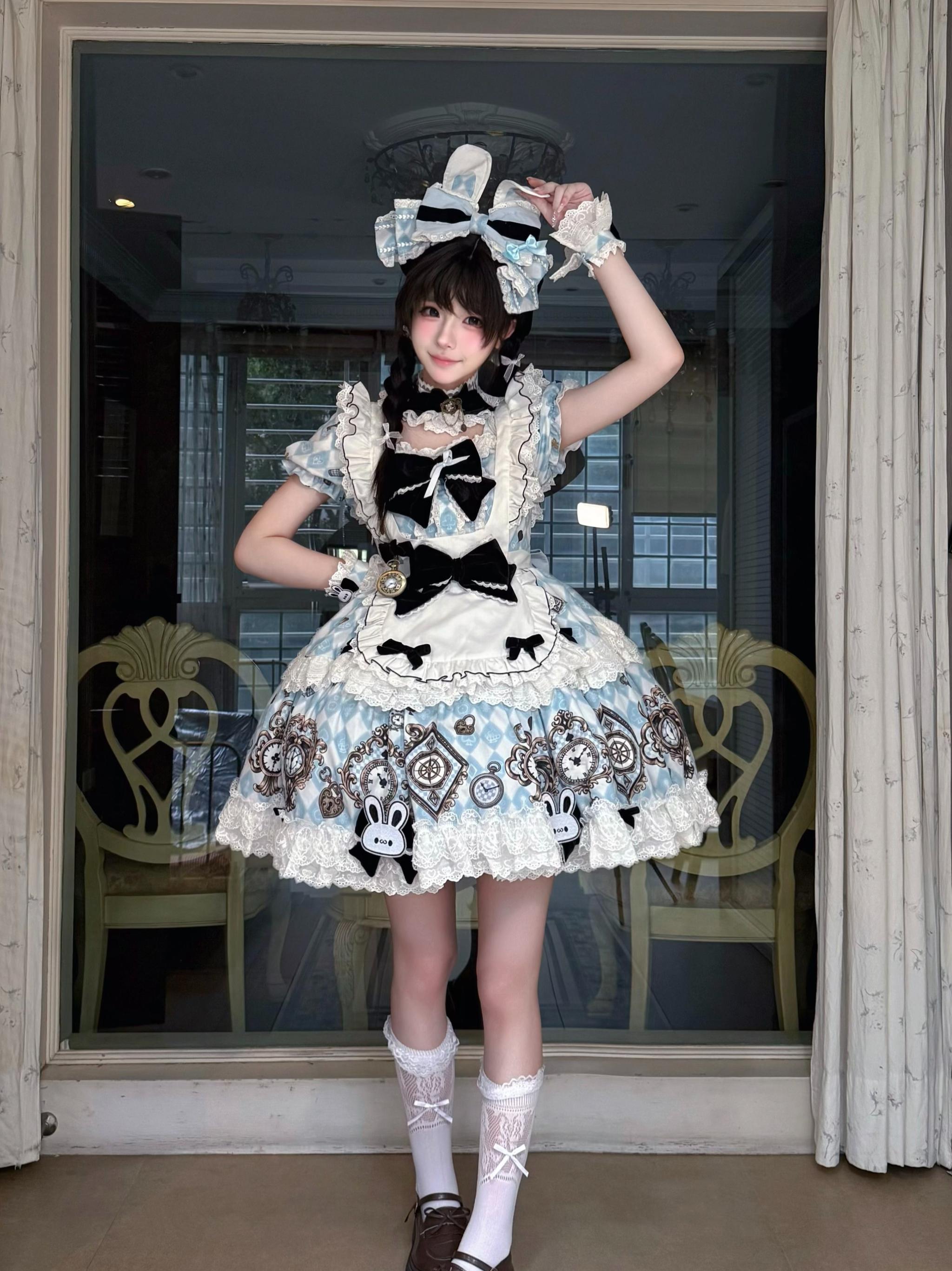 Unnamed Journey - Sweet Lolita Argyle Printed OP Dress with Bunny Details 45510:850443