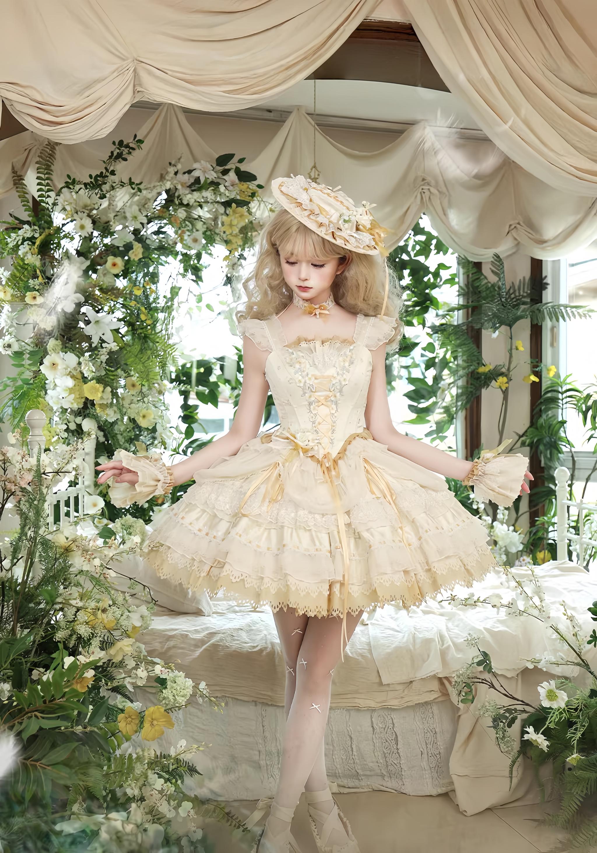 Yellow Blossom & Rose - Sweet Lolita Floral Embroidery JSK, Drawstring Lift-up Hem