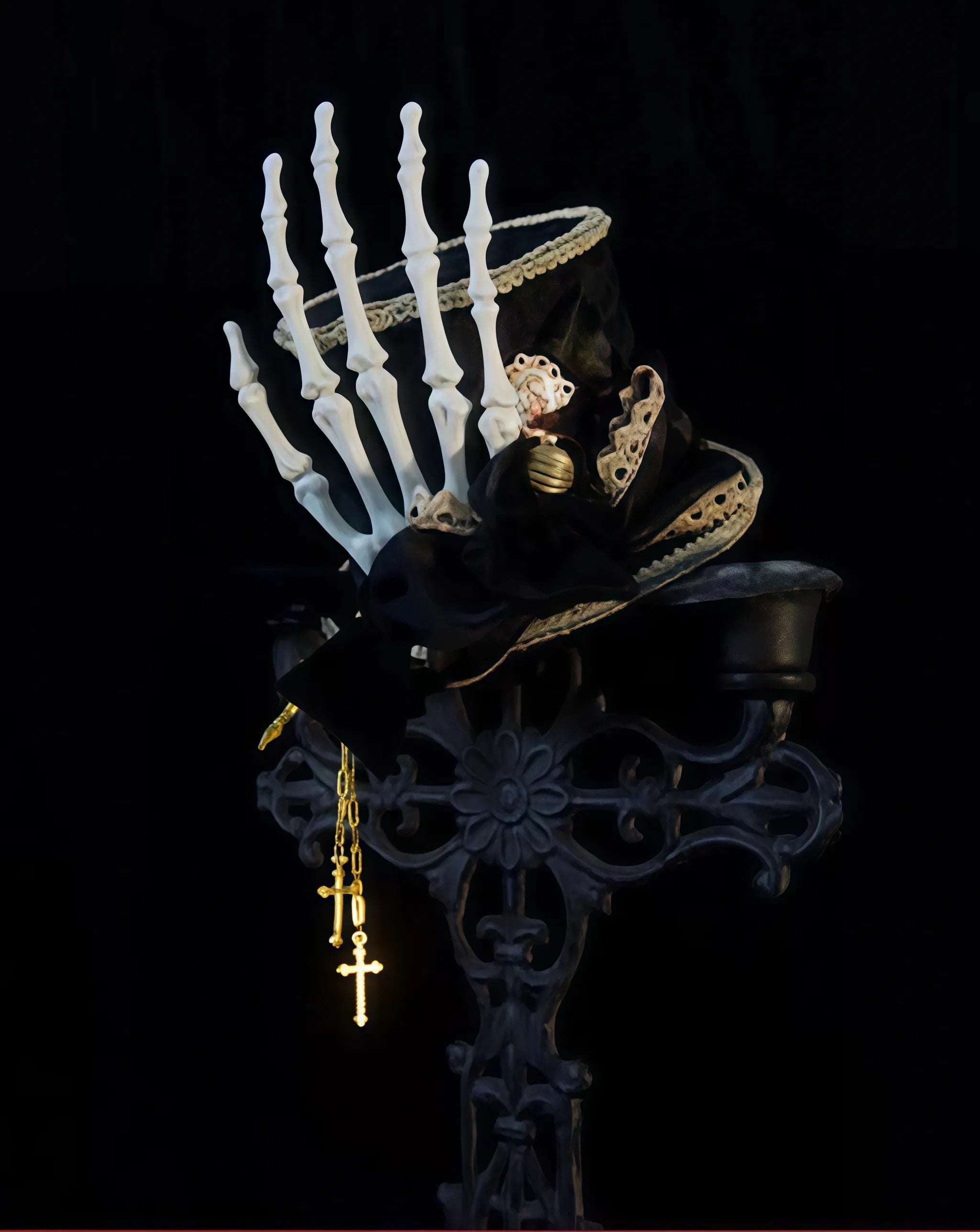 Genesis and Armageddon - Gothic Lolita Accessory, Skeleton Hand Decoration Black - Mini Top Hat One Size