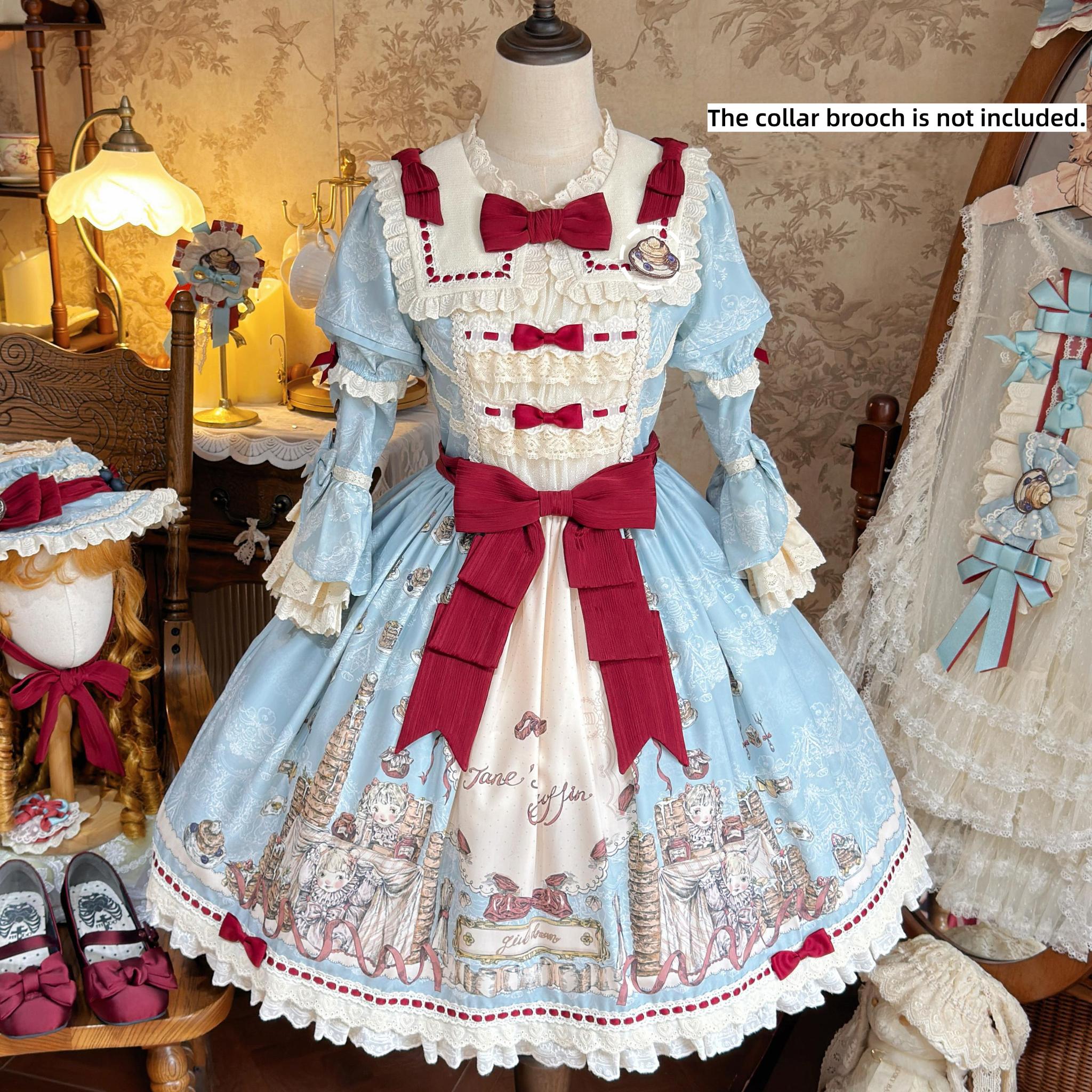 Pancake Postman - Kawaii Lolita Printed OP & Salopette Dress, Lace & Bows (L M S XL) 45174:838709