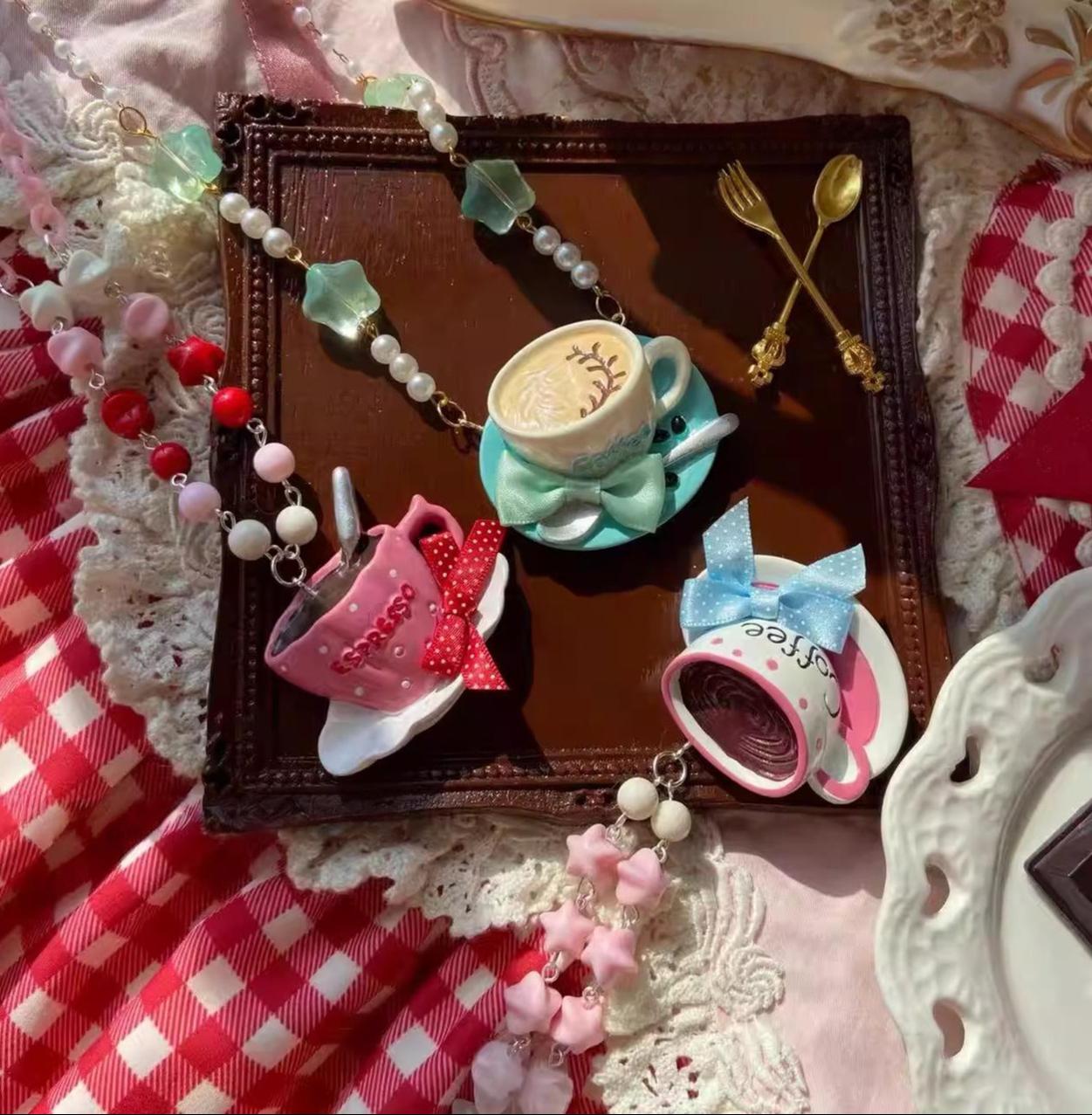 Old School Lolita Beaded Necklace, Coffee Cup Pendant