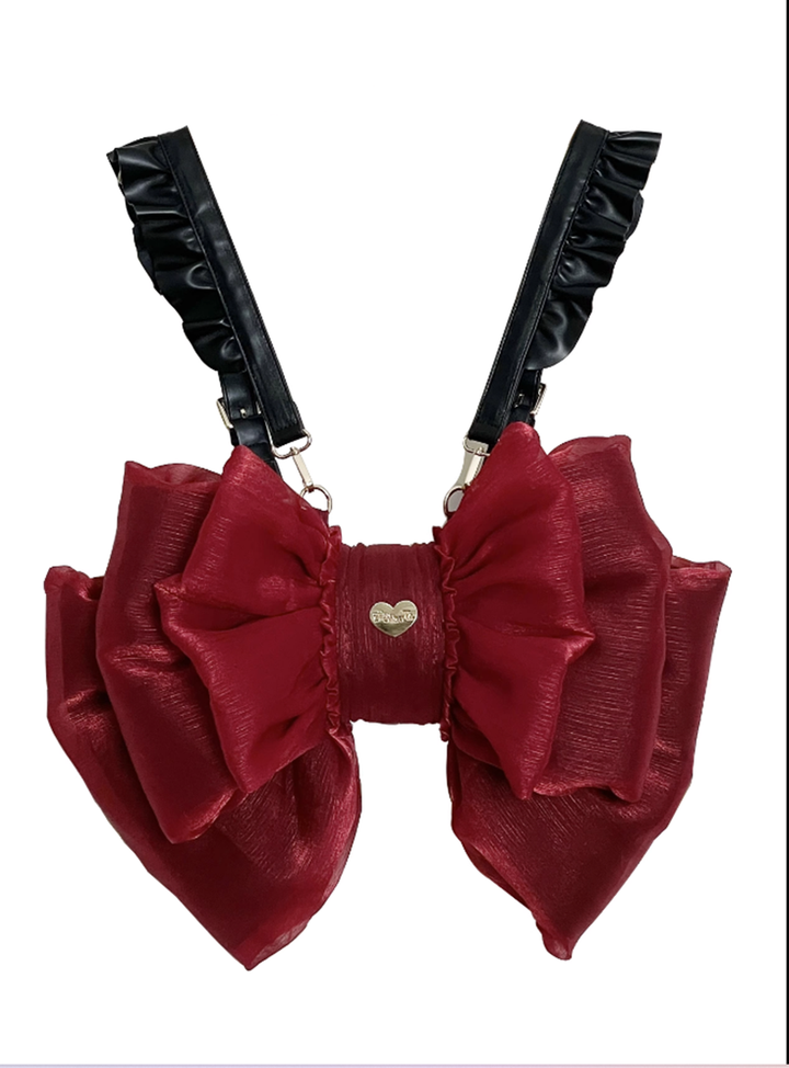 (Buyforme)Boguta~ Satin Butterfly Bow Bag Versatile Elegance Lolita Bag S dark red bag+black shoulder strap